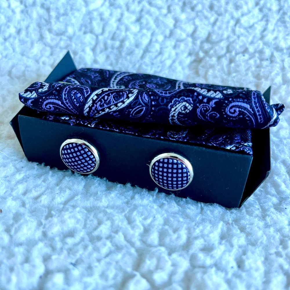 Purple Cuff Links + Pocket Square Set